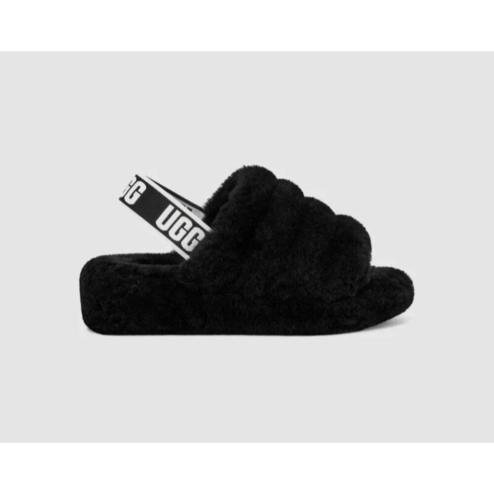 UGG Fluff Yeah Slide Womens 9 Black Sheepskin Slingback Slippers 1095119